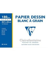 Clairefontaine, Papier dessin, Blanc, à grain, A3, 297 x 420 mm, 180G, 96185C