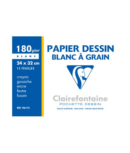 Clairefontaine, Papier dessin, Blanc, à grain, 240 x 320 mm, 180G, 96175C
