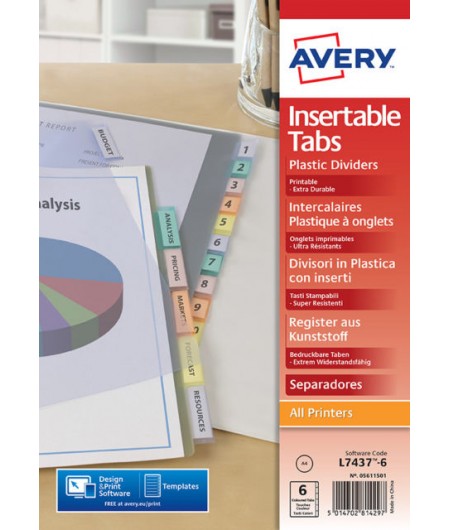 Avery Intercalaires à onglets personnalisables, 6 positions, A4, Polypro 18/100E, 5611501