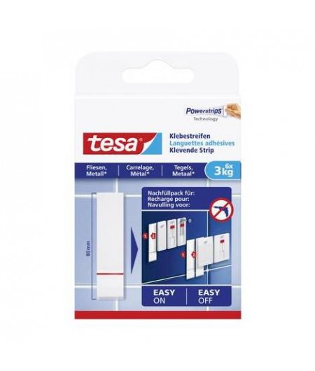 Tesa Powerstrips, Languettes adhésives transparentes, Carrelage et métal, 3kg, Blanc, boîte de 6,77761-00000-00