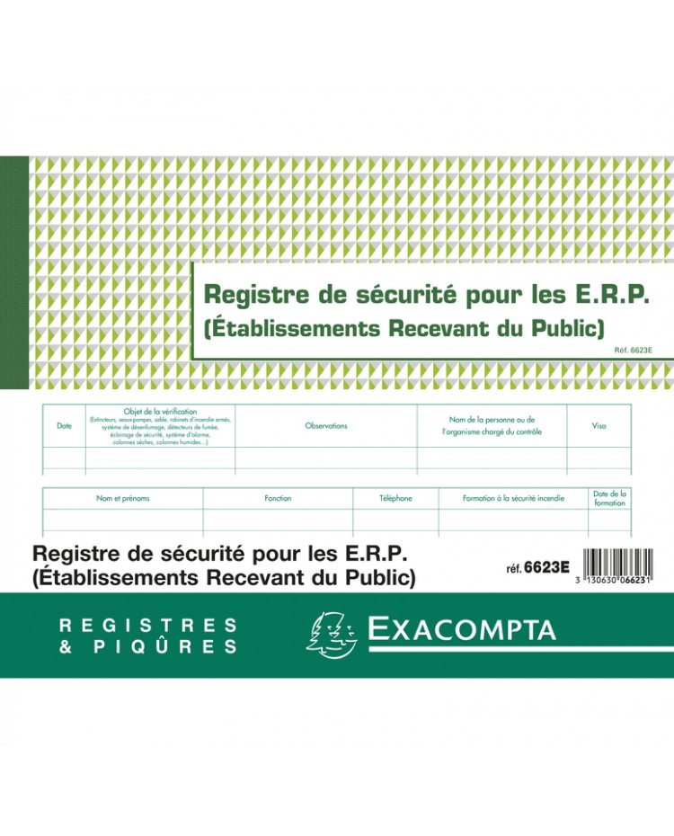 Exacompta, Registre de sécurité, Pour les ERP, établissements recevant du public, 6623E