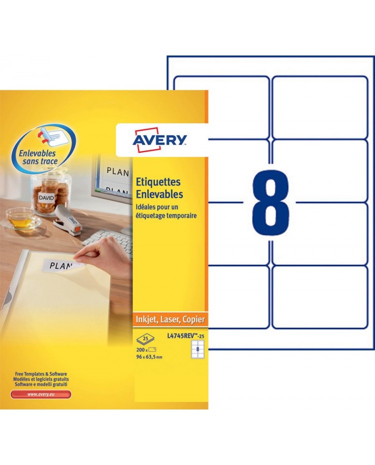 Avery boite 240 étiquettes blanches enlevables 96X63.5MM L4745REV-25