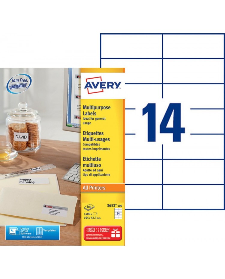 Avery 3653-100 – Boite de 1400 étiquettes adresses autocollantes – 105x42,3  mm – Blanc