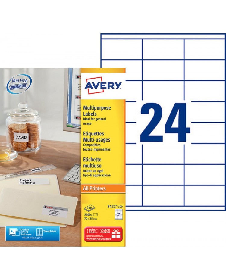 Avery Etiquettes, 70 x 35 mm, Multi usages, Boîte de 2400, 3422-100