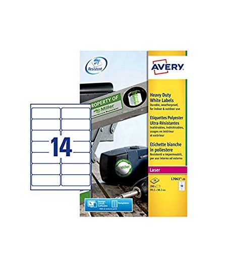 Avery Etiquettes polyester, 99.1 x 38.1 mm, Laser, Ultra resistant, L7063-20