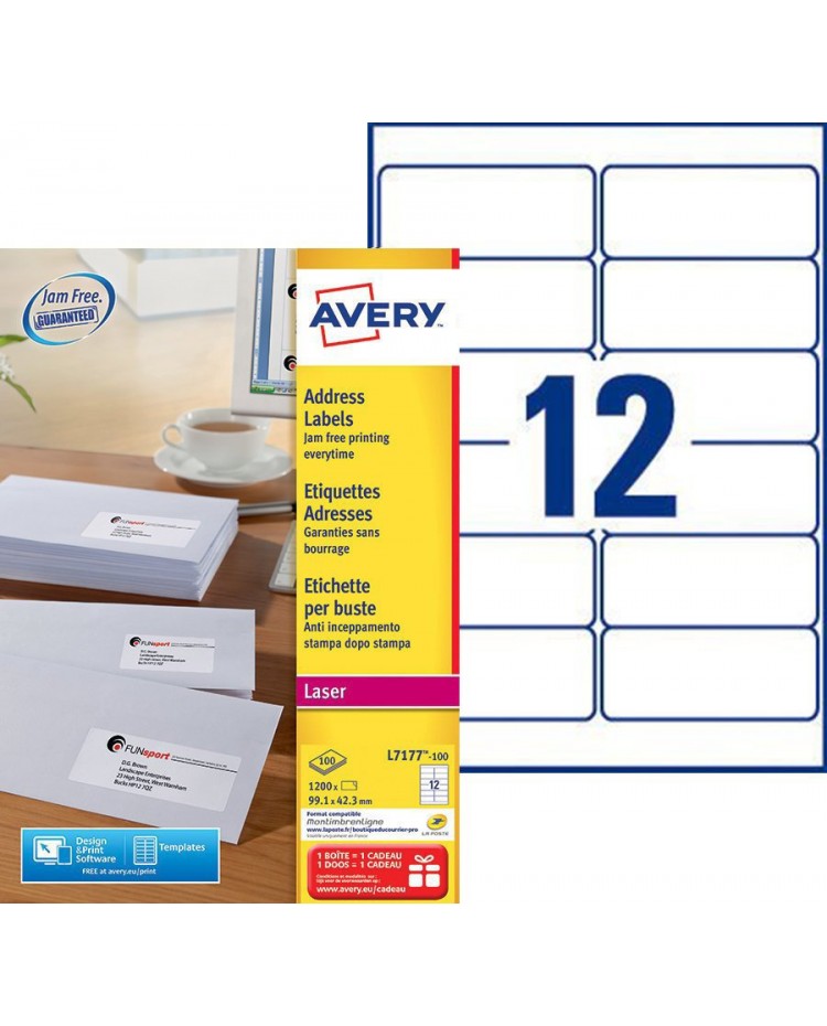 Avery Etiquettes d'adresses, 99.1 x 42.3 mm, Laser, Paquet de 1200, L7177-100