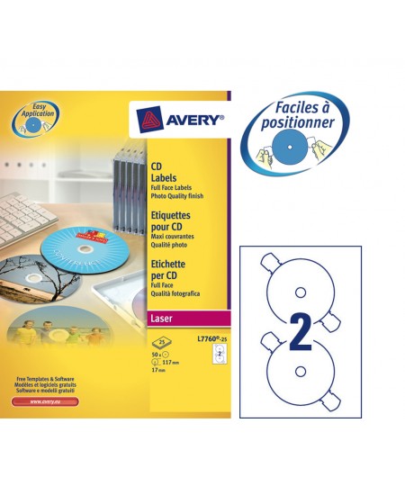 Avery Etiquettes pour CD DVD, Opaques, D117 mm, Laser, L7760-25