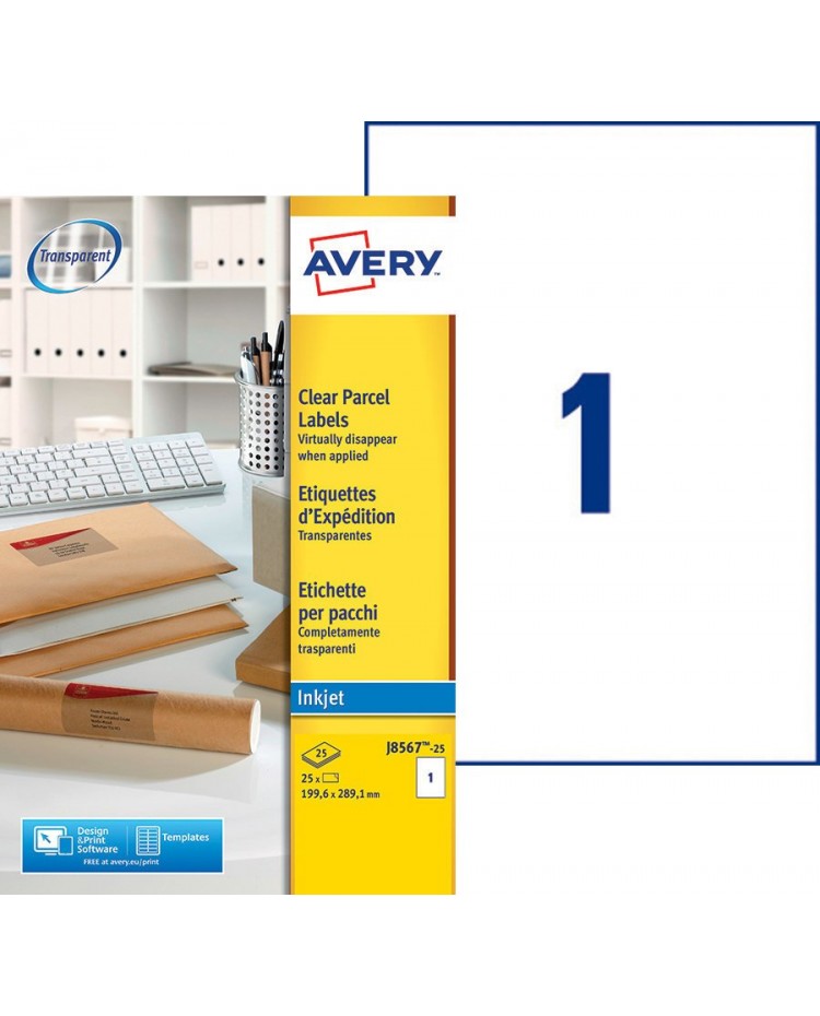 Avery Etiquettes d'adresse, Polyester invisibles, A4 210 x 297 mm, Transparentes, J8567-25