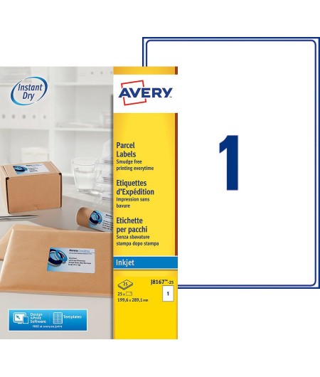 Avery Etiquettes blanches, A4 210  x297 mm, Paquet de 25, J8167-25