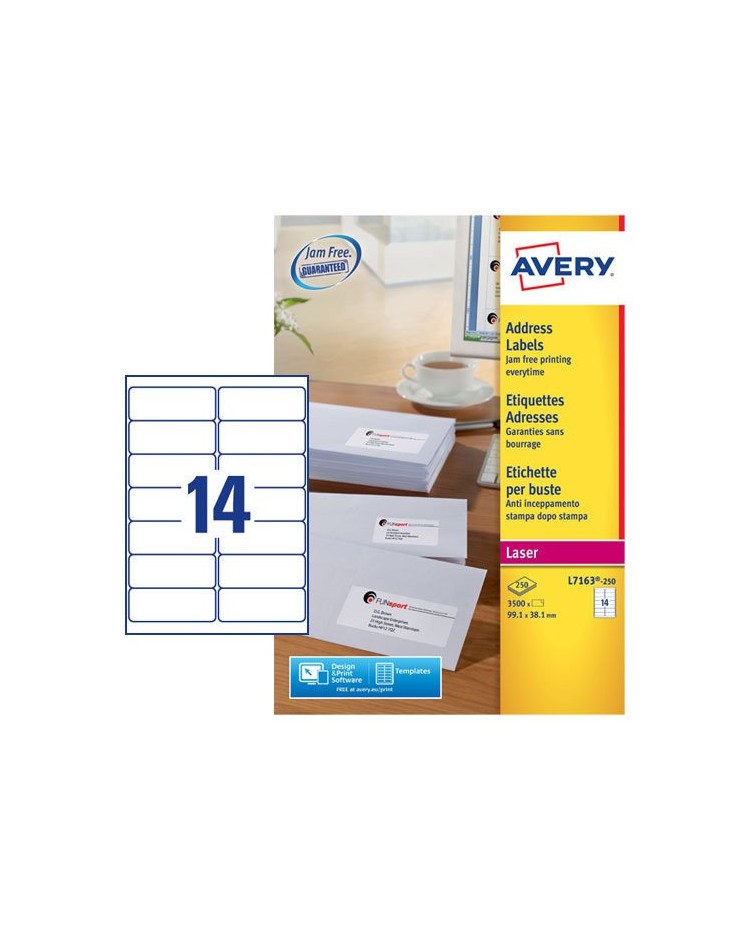Avery Etiquettes adresses, 99.1 x 38.1 mm, Laser, Paquet de 3500, L7163-250
