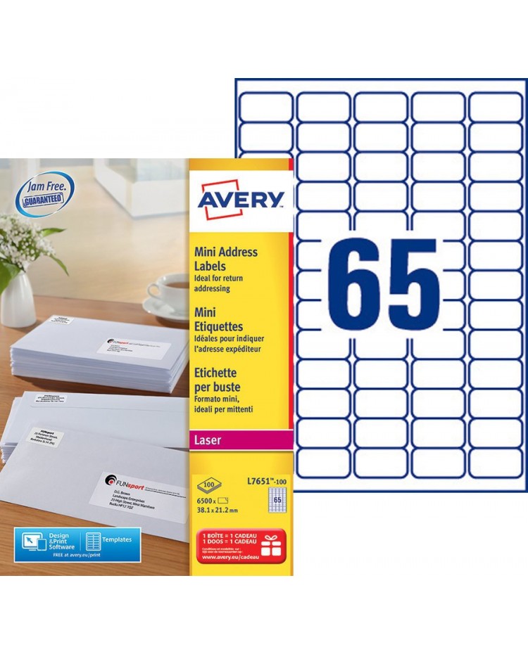 Avery Etiquettes mini, 38.1 x 21.2, Laser, Paquet de 6500, L7651-100