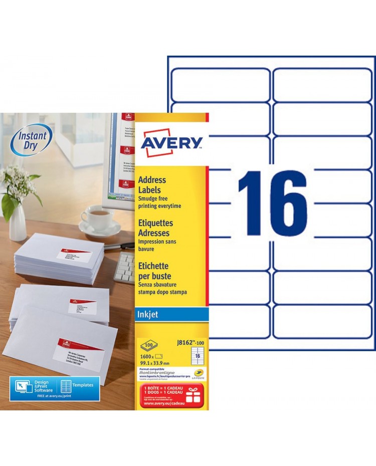 Avery Etiquettes d'adresses, 99.1 x 33.9 mm, Paquet de 1600, J8162-100