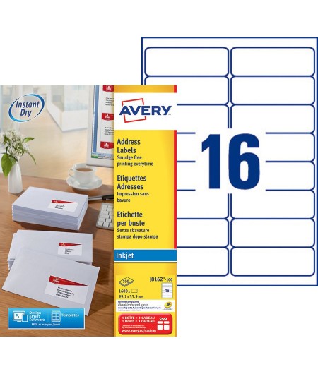 Avery Etiquettes d'adresses, 99.1 x 33.9 mm, Paquet de 1600, J8162-100