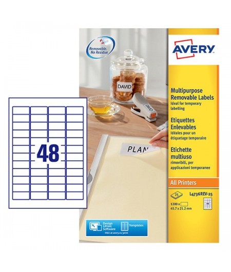 Avery Etiquettes enlevable, 45.7 x 21.2 mm, Paquet de 1440, L4736REV-25