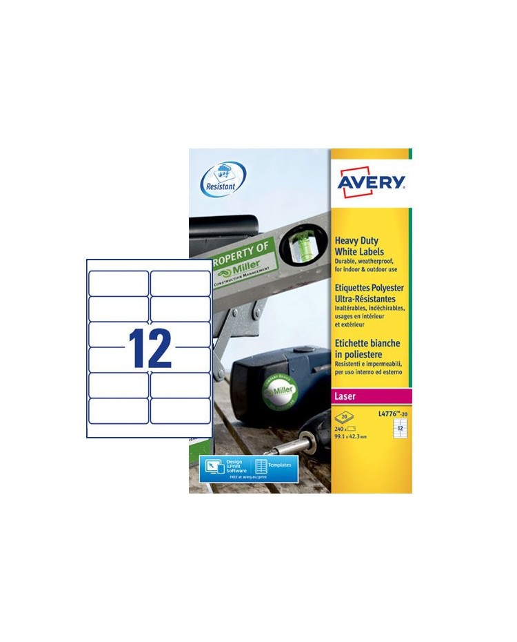 Avery Etiquettes polyester, 99.1 x 42.3 mm, Laser, Ultra résistant, Blanc, L4776-20