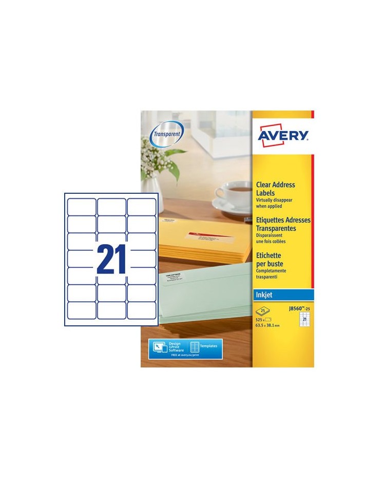 Avery Etiquettes transparentes, 63.5 x 38.1 mm, Jet d'encre, Paquet de 525, J8560-25
