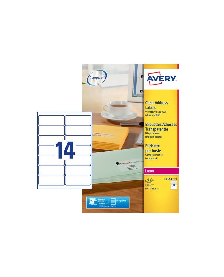 Avery, Etiquettes d'adresses, Transparentes, 99.1 x 38.1 mm, Laser, L7563-25