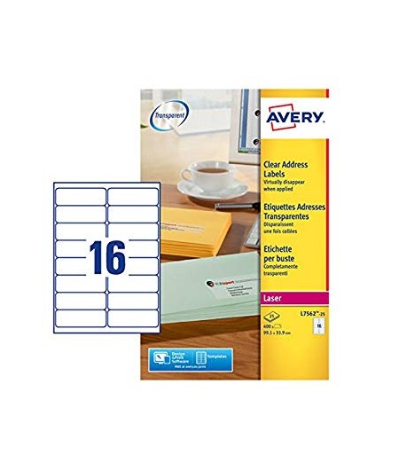 Avery, Etiquettes d'adresses, Transparentes, 99.1 x 33.9 mm, Laser, L7562-25