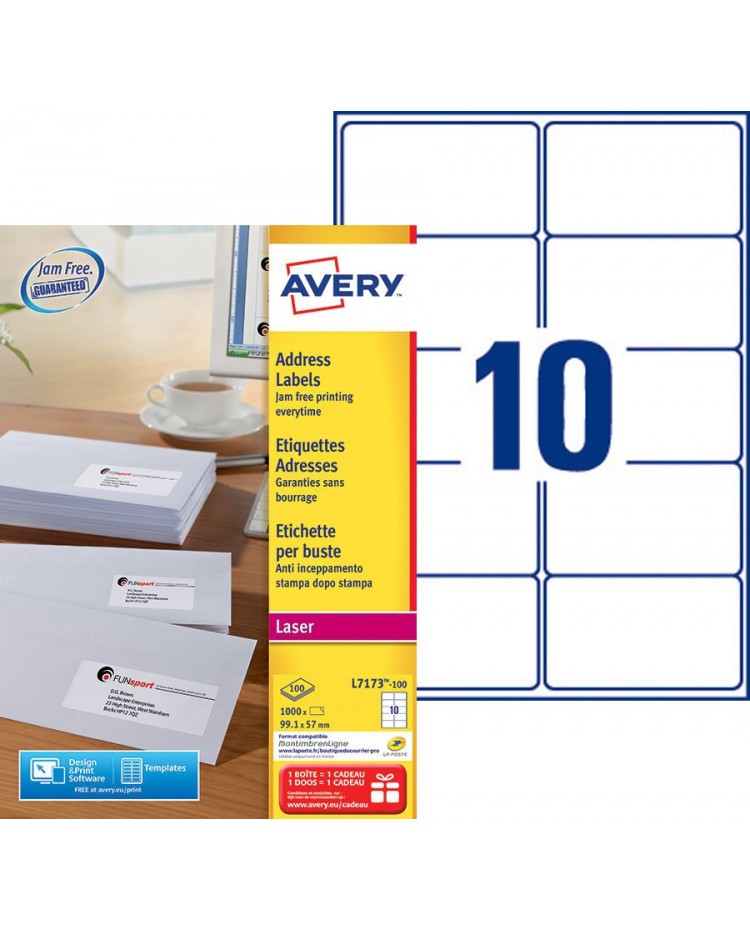 Avery Etiquettes d'adresses, 99.1 x 57 mm, Laser, Paquet de 1000, L7173-100