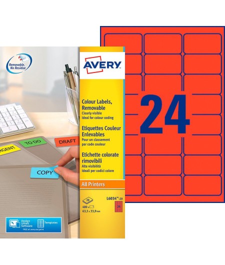 Avery paquet 480 étiquettes rouge enlevables 63.5X33.9 LASER L6034-20