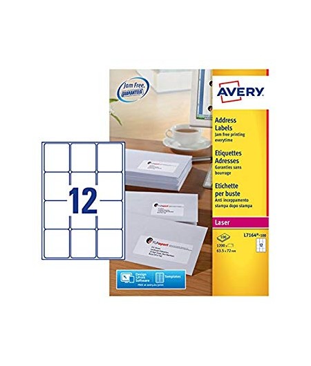 Avery Etiquettes d'adresses blanches, 63.5 x 72 mm, Laser, Paquet de 1200, L7164-100