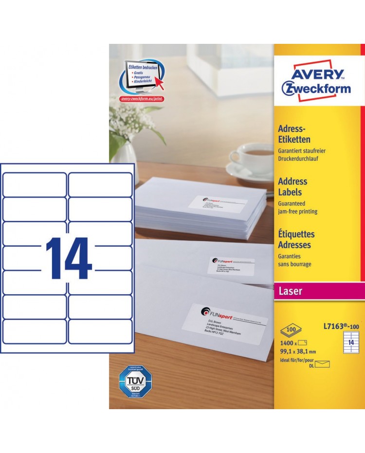 Avery Etiquettes d'adresses blanches, 99.1 x 38.1 mm, Laser, Paquet de 1400, L7163-100