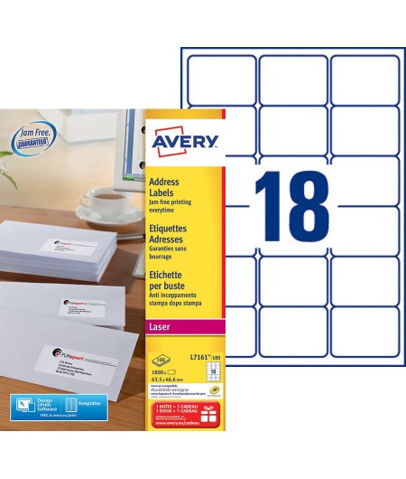 Avery Etiquettes d'adresses blanches, 63.5 x 46.6 mm, Laser, Paquet de 1800, L7161-100