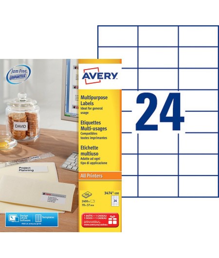 Avery Etiquettes blanches universelles, 70 x 37 mm, Paquet de 2400, 3474-100