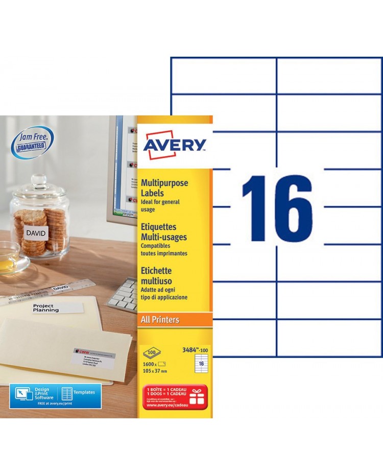 Avery Etiquettes blanches universelles, 105 x 37 mm, Paquet de 1600, 3484-100