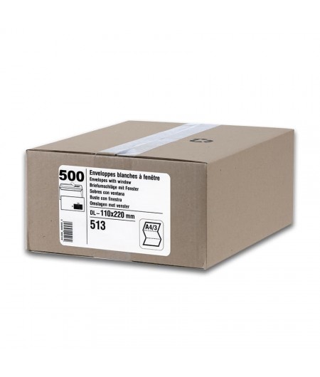 GPV Carton 500 enveloppes DL 110x220 blanches 80g, avec fenêtre, auto adhésives avec bande de protection 513