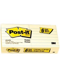 Post it, Notes, 76 x 76 mm, Jaune, Lignées, Lot de 6, 58509, 630-6PK