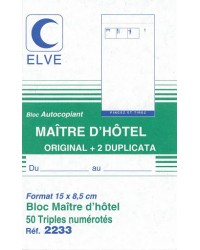 Elve, Bloc, Maître d'hotel, 150 x 85 mm, 50 Triplicata, Autocopiants, 2233