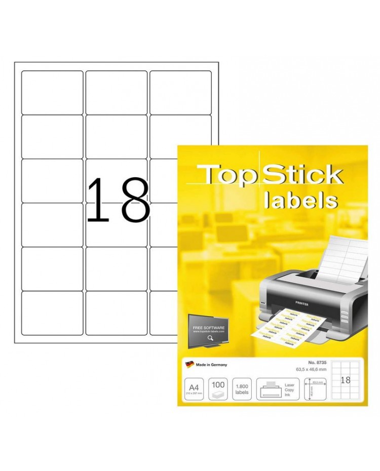TOP STICK Etiquette universelle, 63,5 x 46,6 mm, blanc, 18 par feuille, 8735