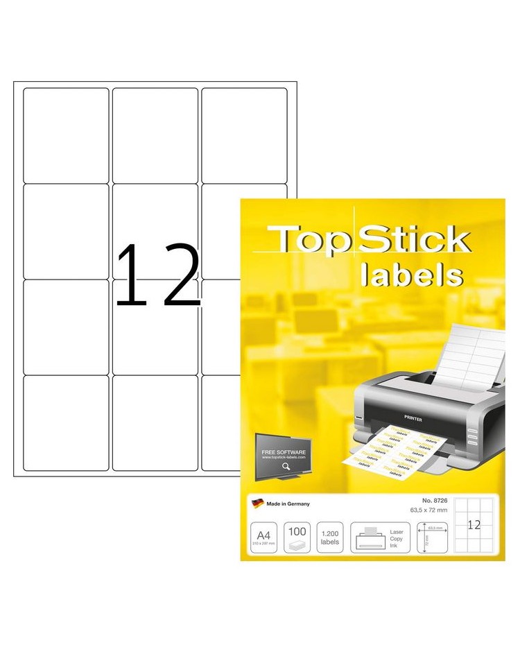 TOP STICK Etiquette universelle, 63,5 x 72 mm, blanc, 12 par feuille, 8726
