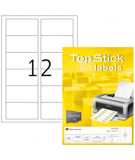TOP STICK Etiquette universelle, 88,9 x 46,6 mm, blanc, 12 par feuille, 8725