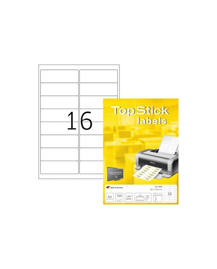 TOP STICK Etiquette universelle, 99,1 x 33,9 mm, blanc, 16 par feuille, 8756