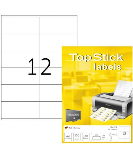 TOP STICK Etiquette universelle, 105 x 48 mm, blanc, 12 par feuille, 8715