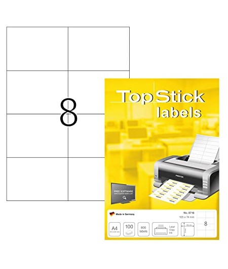 TOP STICK Etiquette universelle, 105 x 74, blanc, 8 par feuille, 8716