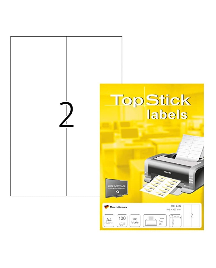 Top Stick, Etiquettes universelles, 105 x 297 mm, blanc, 2 par feuille, 8723