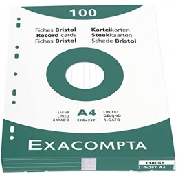 Exacompta, Fiches, Bristol, A4, 210 x 297 mm, Ligné, Vertical, Blanc, 13806B