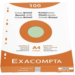 Exacompta, Fiches, Bristol, A4, 210 x 297 mm, Quadrillé, Couleurs, Assorti, Perforé, 13656E