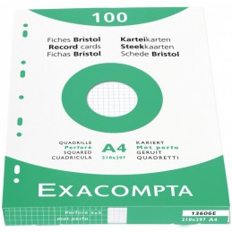 Exacompta, Fiches, Bristol, A4, 210 x 297 mm, Quadrillé, Blanc, Perforé, 13606E
