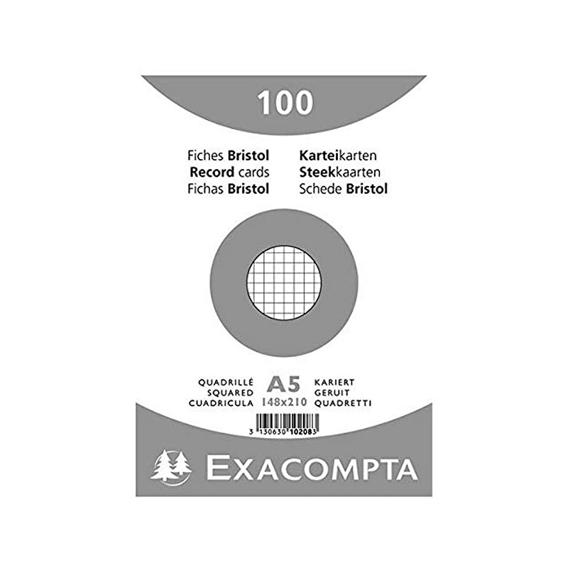 Exacompta, Fiches, Bristol, A5, 148 x 210 mm, Quadrillé, Blanc, Non perforé, 10208E