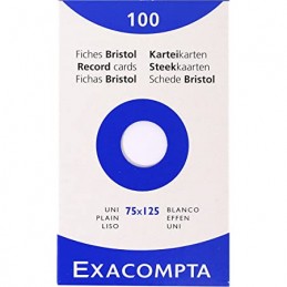 Exacompta, Fiches, Bristol, 75 x 125 mm, Uni, Blanc, Non perforé, 13301E