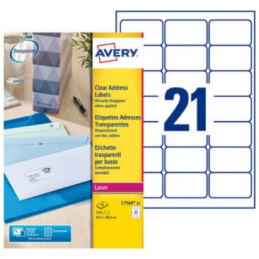 Avery, Etiquettes d'adresse, 63.5 x 38.1 mm, Transparentes, Laser, L7560-25