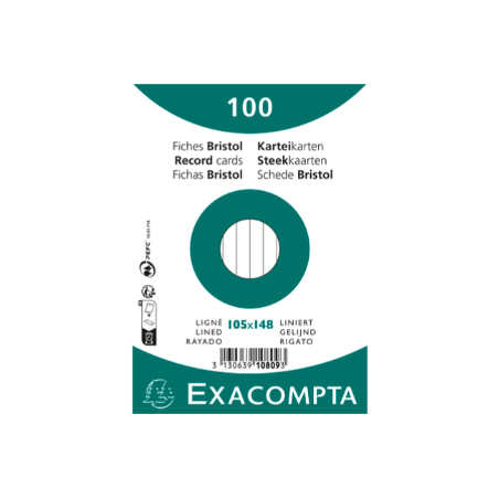 Exacompta, Fiches bristol, A6,105 x 148 mm, Ligné, Blanc, 10809SE