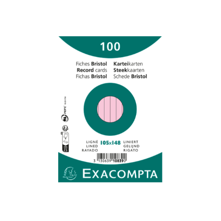 Exacompta, Fiches bristol, A6, 105 x 148 mm, Ligné, Rose, 10839SE