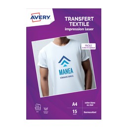 Avery, Papier transfert, Textile, A4, blanc ou clair, 15 feuilles, C9403-15